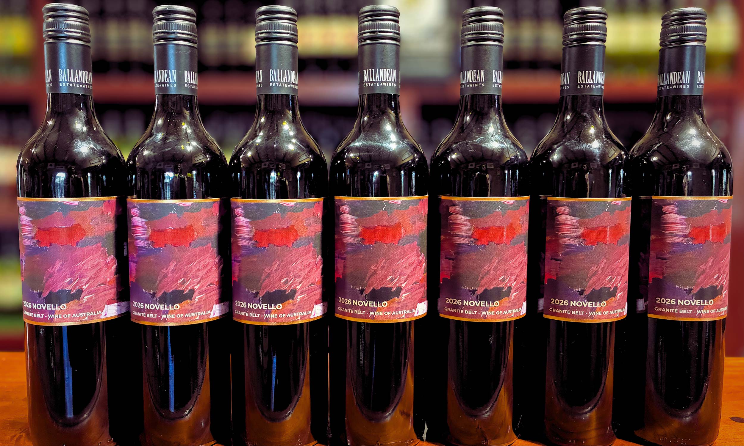 Bottles of red wine with 2026 Novello art label from Ballandean Estate